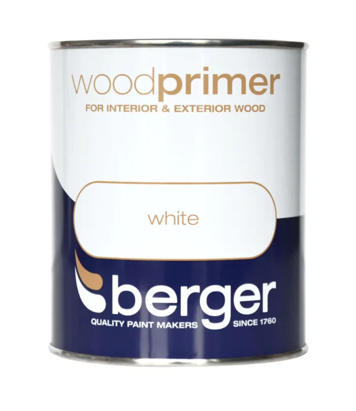 Berger white wood primer for interior and exterior wood.